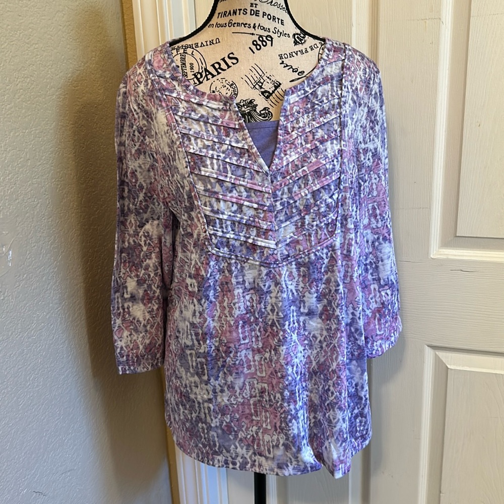 Erika 3/4 sleeve purple abstract print shirt